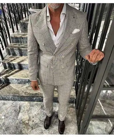 Abito di uomo doppiopetto, beige - Principe di Galles, Sir 2