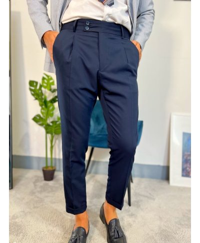 Pantaloni uomo blu, vita alta e pinces - Made in Italy