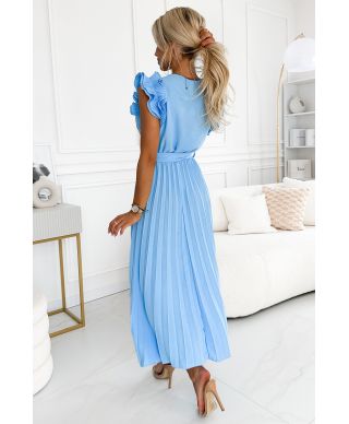  543-2 Plisowana sukienka midi z dekoltem i finezyjnymi falbankami - BŁĘKITNA 