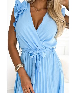  543-2 Plisowana sukienka midi z dekoltem i finezyjnymi falbankami - BŁĘKITNA 