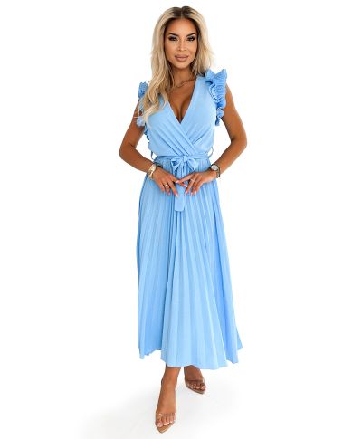  543-2 Plisowana sukienka midi z dekoltem i finezyjnymi falbankami - BŁĘKITNA 