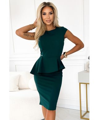 Vestito elegante midi verde bottiglia con baschina – stile raffinato e femminile - Nives - gogolfun.it