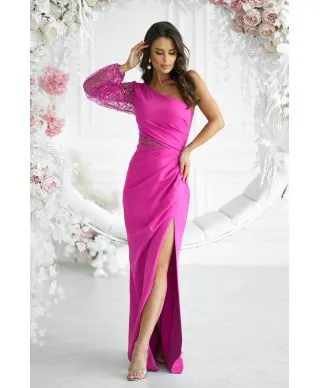 Vestito lungo elegante monospalla, fuxia - Mimi - Vestiti per lauree, battesimi, comunioni - Gogolfun.it