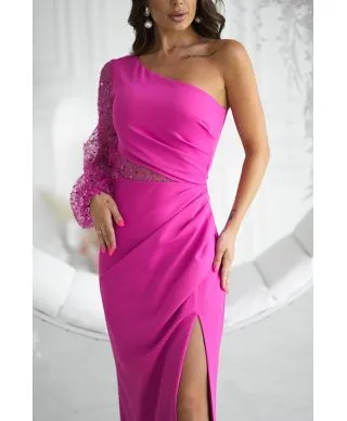 Vestito lungo elegante monospalla, fuxia - Mimi - Vestiti per lauree, battesimi, comunioni - Gogolfun.it