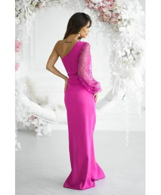 Vestito lungo elegante monospalla, fuxia - Mimi - Vestiti per lauree, battesimi, comunioni - Gogolfun.it