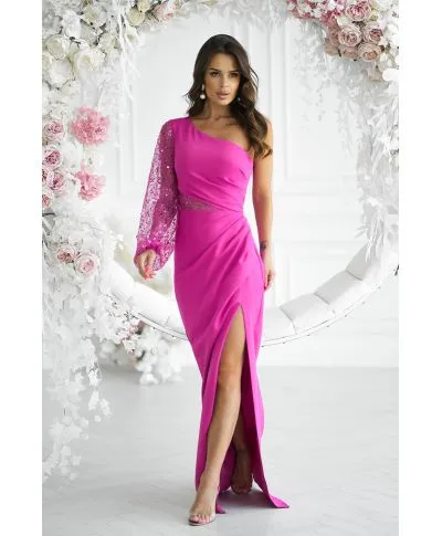 Vestito lungo elegante monospalla, fuxia - Mimi - Vestiti per lauree, battesimi, comunioni - Gogolfun.it