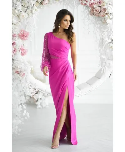 Vestito lungo elegante monospalla, fuxia - Mimi - Vestiti per lauree, battesimi, comunioni - Gogolfun.it