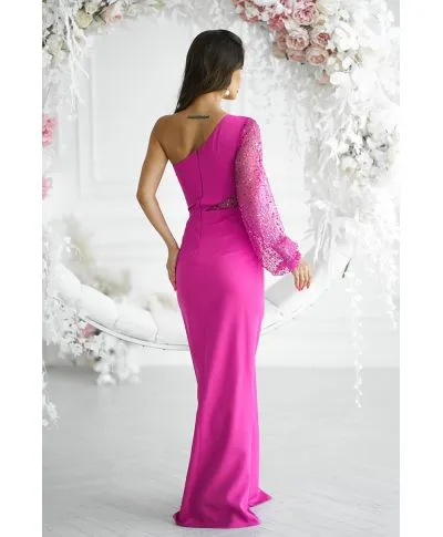 Vestito lungo elegante monospalla, fuxia - Mimi - Vestiti per lauree, battesimi, comunioni - Gogolfun.it