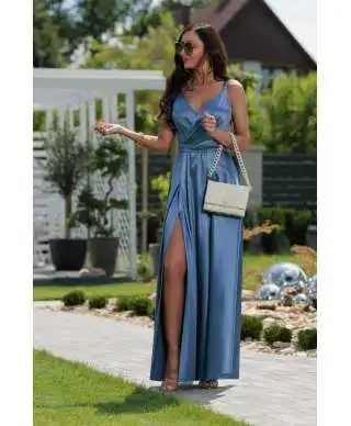 Vestito lungo elegante con spacco - Azzurro - Marina - Abiti da cerimonia semplici - Gogolfun.it