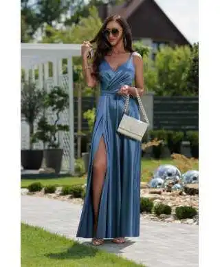 Vestito lungo elegante con spacco - Azzurro - Marina - Abiti da cerimonia semplici - Gogolfun.it