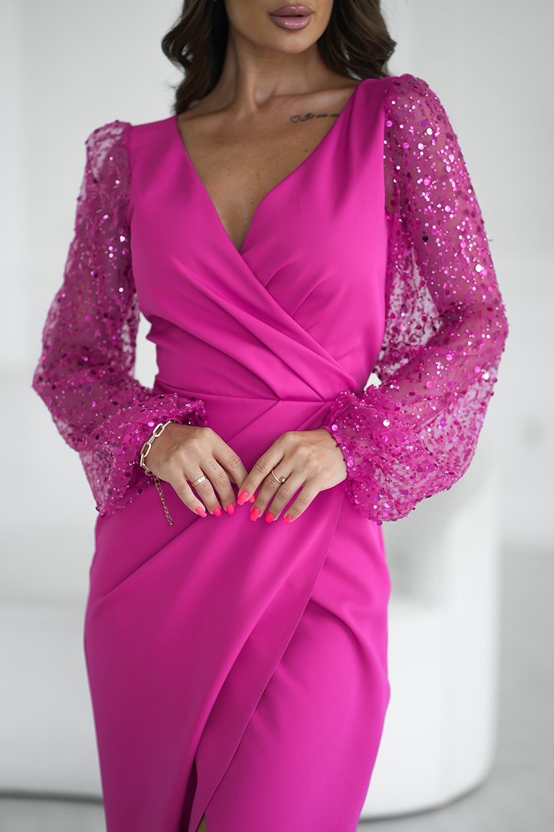 Abito elegante lungo Maniche in paillettes Colore fucsia