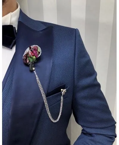 Smoking uomo blu - livio con gilet Rever in effetto raso - Tessuto puntinato