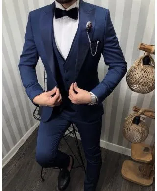 Smoking uomo blu - livio con gilet Rever in effetto raso - Tessuto puntinato
