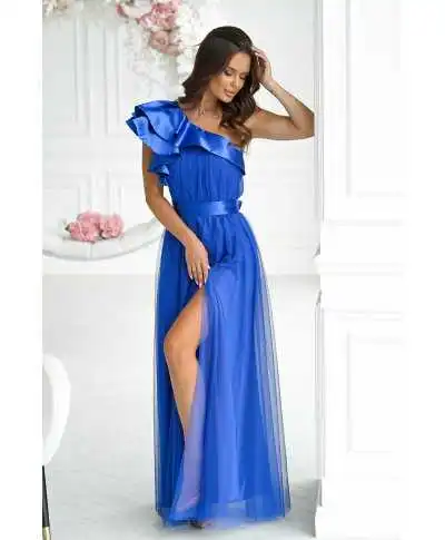 Abito da cerimonia monospalla blu - In tulle - Vivi - Abiti lunghi eleganti - Gogolfun.it