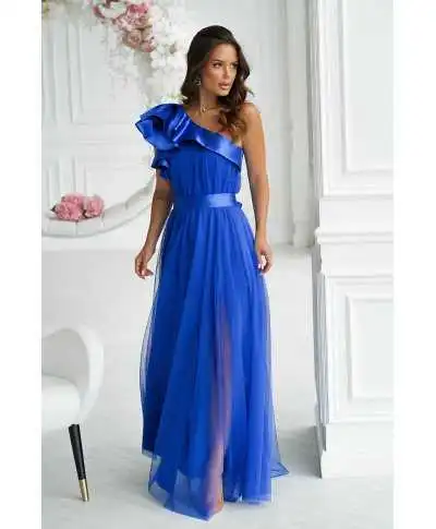 Abito da cerimonia monospalla blu - In tulle - Vivi - Abiti lunghi eleganti - Gogolfun.it