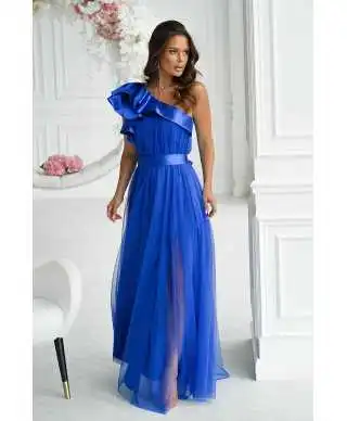Abito da cerimonia monospalla blu - In tulle - Vivi - Abiti lunghi eleganti - Gogolfun.it