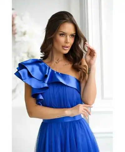 Abito da cerimonia monospalla blu - In tulle - Vivi - Abiti lunghi eleganti - Gogolfun.it