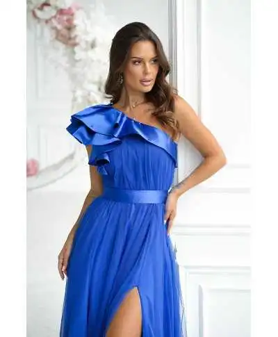 Abito da cerimonia monospalla blu - In tulle - Vivi - Abiti lunghi eleganti - Gogolfun.it
