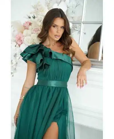 Abito da cerimonia verde mono spalla - Vivi - Abiti da cerimonia donna - Gogolfun.it