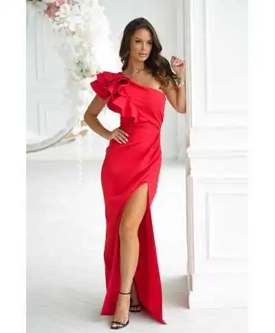Abito rosso a sirena con piume - Fiora - Abiti eleganti da cerimonia - Gogolfun.it