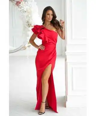Abito rosso a sirena con piume - Fiora - Abiti eleganti da cerimonia - Gogolfun.it