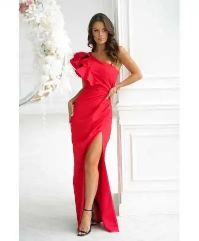 Abito rosso a sirena con piume - Fiora - Abiti eleganti da cerimonia - Gogolfun.it