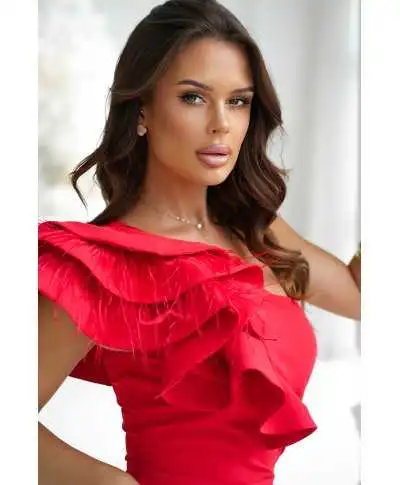 Abito rosso a sirena con piume - Fiora - Abiti eleganti da cerimonia - Gogolfun.it