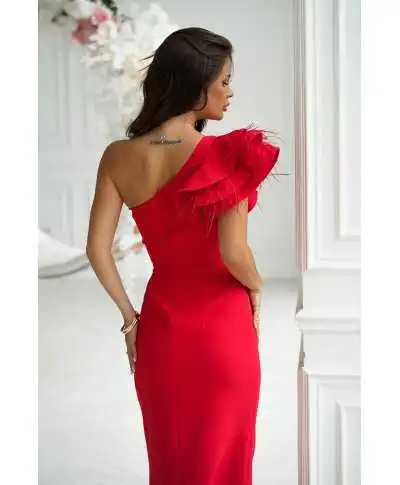 Abito rosso a sirena con piume - Fiora - Abiti eleganti da cerimonia - Gogolfun.it
