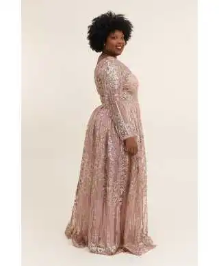Abito da cerimonia con maniche lunghe , oro rosa - ABiti da cerimonia taglie curvy - Gogolfun.it