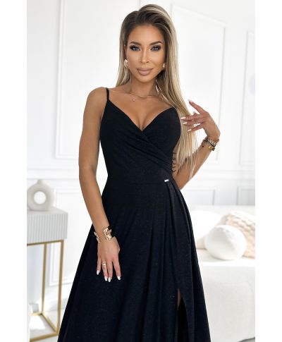 Elegante abito da sera nero con spalline e tessuto brillante – Chiara - gogolfun.it