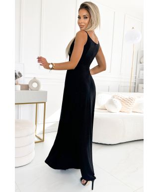  299-18 CHIARA elegancka maxi długa suknia na ramiączkach - CZARNA Z BROKATEM 