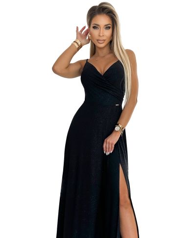 Elegante abito da sera nero con spalline e tessuto brillante – Chiara - gogolfun.it