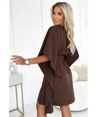  287-33 SOFIA Sukienka motyl z wiązaniem w pasie - CZEKOLADOWA 