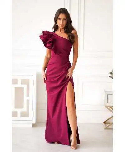 Abito elegante mono spalla bordeaux - Fiora - Abiti da cerimonia donna - Gogolfun.it