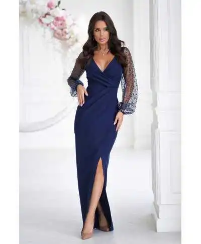 Vestito elegante con maniche lunghe, blu - Vestiti per matrimoni, damigelle e diciottesimo compleanno - Gogolfun.it