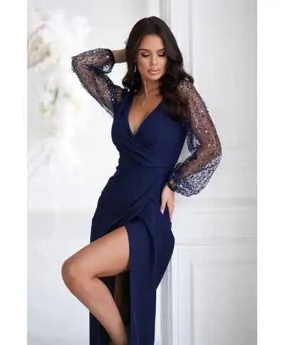 Vestito elegante con maniche lunghe, blu - Vestiti per matrimoni, damigelle e diciottesimo compleanno - Gogolfun.it