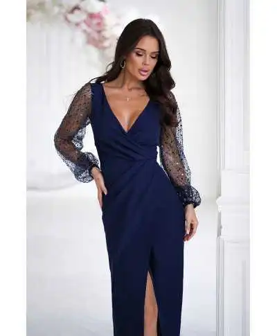 Vestito elegante con maniche lunghe, blu - Vestiti per matrimoni, damigelle e diciottesimo compleanno - Gogolfun.it