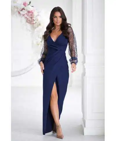 Vestito elegante con maniche lunghe, blu - Vestiti per matrimoni, damigelle e diciottesimo compleanno - Gogolfun.it