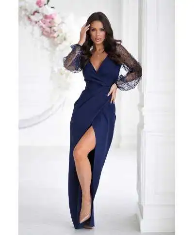 Vestito elegante con maniche lunghe, blu - Vestiti per matrimoni, damigelle e diciottesimo compleanno - Gogolfun.it