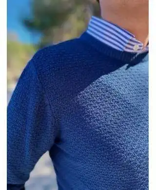Maglione girocollo blu lavorato - Key Jey