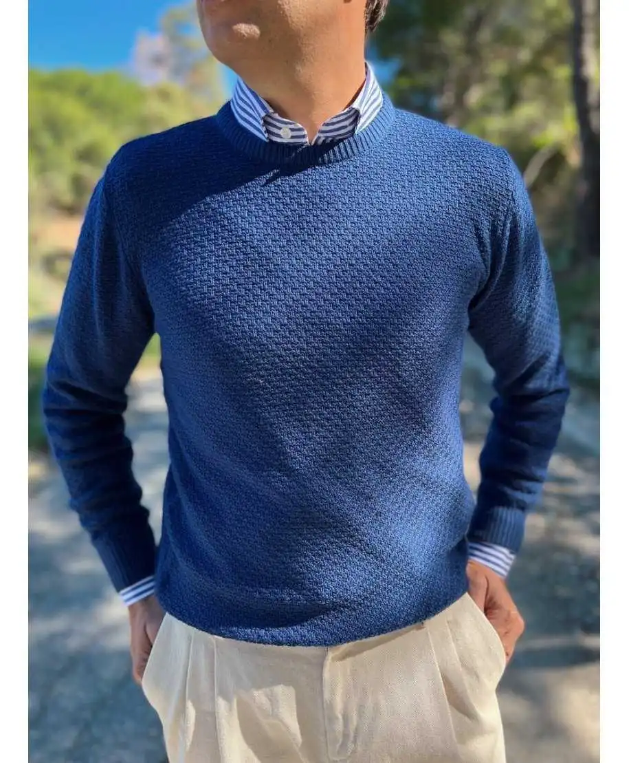 Maglione girocollo blu lavorato - Key Jey - Maglioni uomo girocollo, dolcevita, cardigan - Gogolfun.it