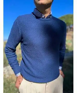 Maglione girocollo blu lavorato - Key Jey