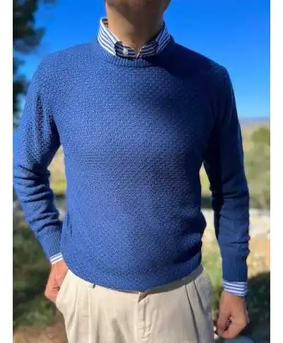 Maglione girocollo blu lavorato - Key Jey - Maglioni uomo girocollo, dolcevita, cardigan - Gogolfun.it