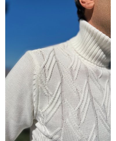 Maglione a Collo Alto Bianco con treccia - Maglioni uomo online - Gogolfun.it