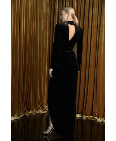 Abito elegante lungo - In velluto nero - Con spacco profondo