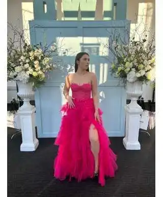 Abito da cerimonia con gonna ampia - Fuxia - Vestiti da cerimonia eleganti - Gogolfun.it
