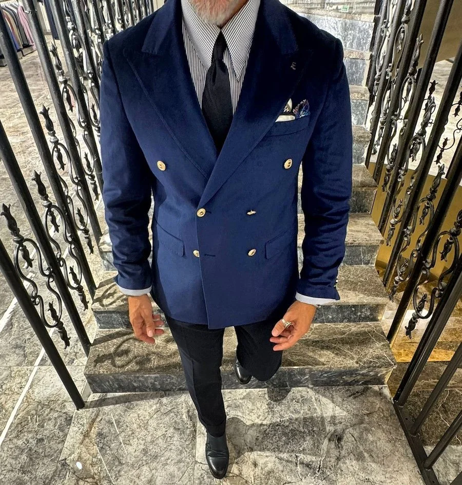 Giacca uomo Doppiopetto blu in velluto liscio Baron Giacche - Main Image