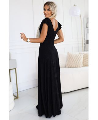  411-12 CRYSTAL połyskująca długa suknia z dekoltem - CZARNA 