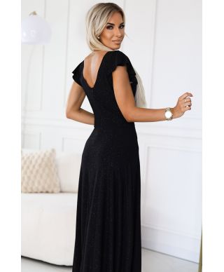  411-12 CRYSTAL połyskująca długa suknia z dekoltem - CZARNA 