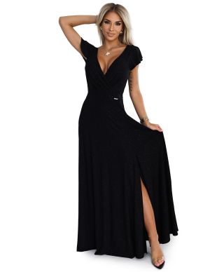  411-12 CRYSTAL połyskująca długa suknia z dekoltem - CZARNA 